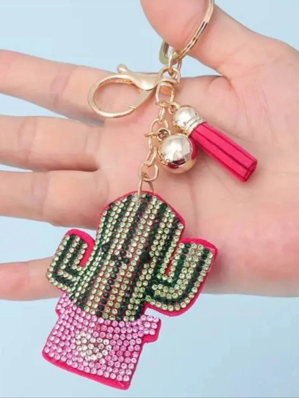 Western Cactus Crystal Rhinestone Keychain Bag Charm With Pink Tassel